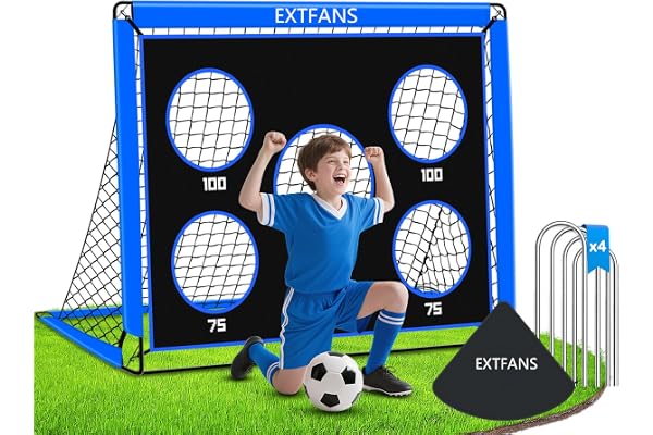 EXTFANS But de Foot 2 en 1 pour Jardin, Cage de Football avec Cible de Tir, Filet Pliable Outdoor, But pour Enfants avec 4 Piquets et Sac de Transport