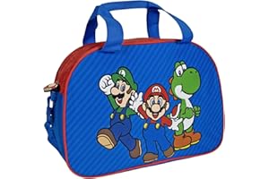 PERLETTI Sac de Sport Mario pour Enfant Bleu Rouge - Sac de Voyage Compatible avec Super Mario Léger Résistant pour Garcon Ecole - Sac a Main à Bandoulière Piscine Danse Gym Football Garçon - 28x41,5x21 cm