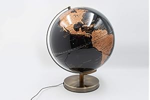 Mascagni 20ZO1150 Globe Terrestre décoratif Lumineux Noir-Mappemonde-Eclairage LED-Base en métal Finition cuivre-Diamètre 30 cm
