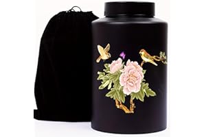 BOBODE Cremation Floral Urn Black Memorial Urn Hummingbird Urn,Large Adult Burial Urn for Male-Female Seniors Ashes,Family Sharing Storage,Cemetery Burial or Niche with Black Velvet Bag