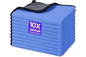 Gucass 10 PCS Chiffon Microfibre Voiture, 500 GSM Chiffons de Polissage en Microfibre, Super Absorbant Chiffon de Nettoyage en Microfibres, pour Voitures et Motos, Nettoyage Domestique, 30x40CM, Bleu