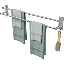 JS Handdoekhouder Zelfklevende handdoekhouder hanger roestvrij staal handdoekenrek 43,5 cm/17,1 inch anti-roest dubbele staaf handdoek plank bar met 2 haken multifunctioneel voor badkamer douche