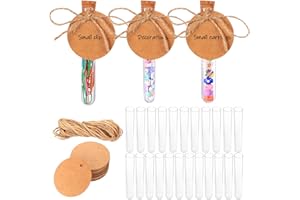 RUNXSAM 36 Pcs Tubos de Ensayo Plastico, Probetas Plastico Transparente, Tubo Ensayo con Tapones de Corchos para Laboratorio Flores Regalos Dulces, con 36 Etiquetas de Papel Kraft y Cuerda de Cáñamo