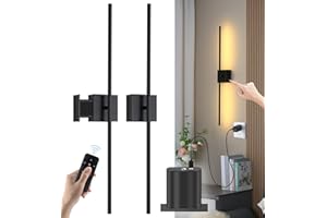 AANYHOH Bateryjna lampa ścienna do wnętrz, Lampa ścienna USB ładowana z pilotem, Bezprzewodowa kinkiet lampa dotykowa Ściemniana, Obrotowa o 350°, Nowoczesna lampa ścienna do salonu - Czarny, 2 Sztuki