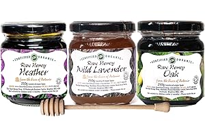 THE RAW HONEY SHOP RAW NATURAL HIVE PRODUCTS BIOSPHERE MOUNTAIN ORGANIC HONEY GIFT SET - Raw Honey Wild Lavender, Oak, Heather 3x250g Jars with Honey Dipper, Tea Gifts British Gifts Mini Hamper Gifts Presents Christmas Food Gifts for Women Men