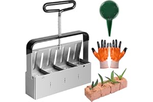 efuturetime Presse Motte pour Semis, pour 4 Bloc de Sol de 4.5x5cm, Bloqueur de Sol Manuel avec Semoir à Graines et Gants, Bouchon à Bille d'acier, pour Plantation Transplantation