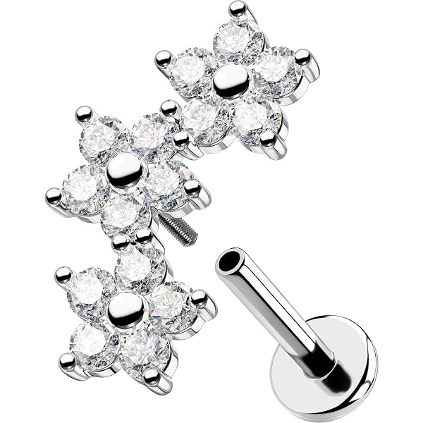 Orecchini A Labret In Acciaio Inox 316L Per Tragus, Helix, Monroe - Fiore Con Zirconi CZ (6mm O 8mm, Vari Colori)