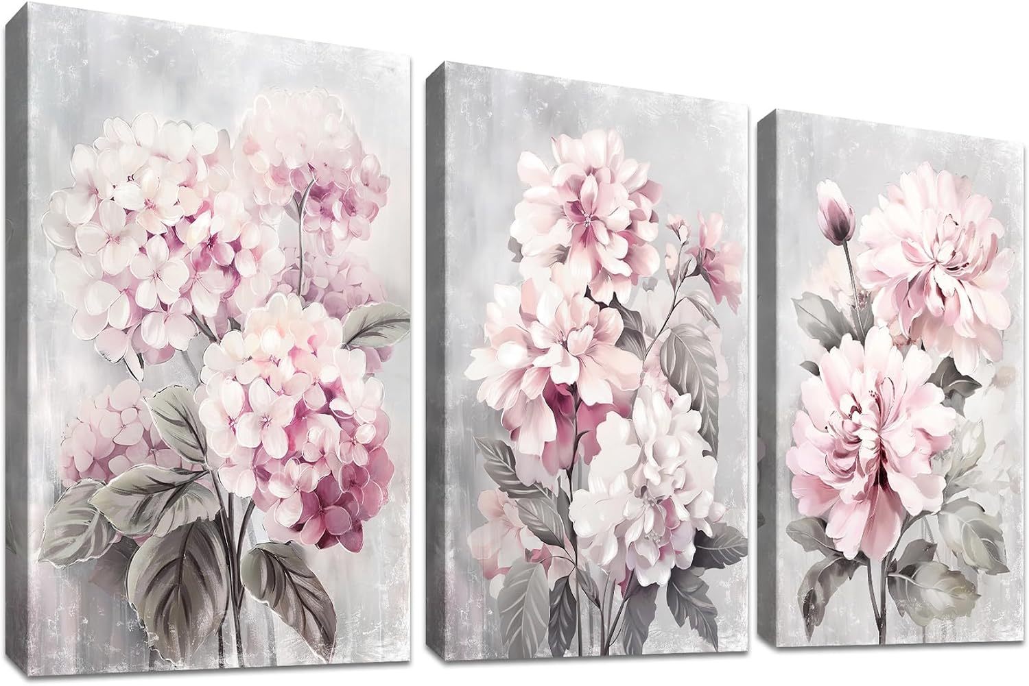 3 Pcs Wooden Framed Blush Grey Pink Canvas Wall Art Pink Hydrangeas Peonies Floral Blossom Canvas Painting Pictures for Living Room Bedroom Bathroom Hallway Home Wall Decoration 90x40cm(12"x16"x3pcs)