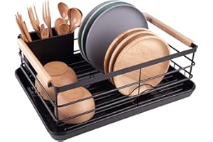 BRIAN & DANY Scolapiatti da Appoggio con Manico in Legno, Nero, 42 × 30 × 15 cm