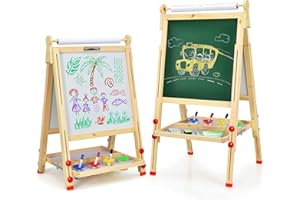 RELAX4LIFE Lavagna Magnetica per Bambini 2 in 1, Cavalletto per Dipingere Pieghevole, Portatile/Altezza Regolabile 87-150 cm, Giocattolo Educativi 3+ Anni, in Legno di Pino, Accessori Completi