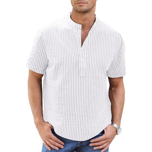LucMatton Camicia da uomo in cotone stile retrò arrotolabile a maniche lunghe casual in lino Henley Top, bianco, XXL