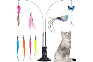 MEYDLL 11 Pièces Jouet Chat, Jouet à Plumes pour Chats, 2 Tiges Rétractables pour Chat, 2 Trous Ventouses Puissantes, Jouets pour Chats Interieur avec Plumes, Poisson, Oiseau, Papillon, vers