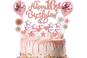DOMGOGE Happy Birthday Cake Topper 16th, 23pcs Rose Gold Glitter Happy 16th Birthday Cake Topper Kit with Star Heart Paper Fan Confetti Balloon, Cupcake Topper for Girls 16th Birthday Party Cake Decorations