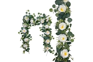 MEWTWEO Vita konstgjorda blommor, girlanger, konstgjord eukalyptusgirlang med vita rosor, 15 cm plastblomma, silkesblommor gr