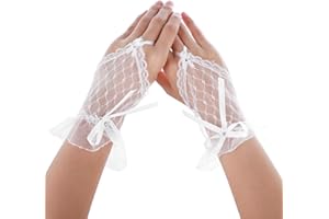 YOLEV Lace Gloves Bow Rhinestone Wedding Mesh Sheer Fingerless Gloves Women Girl Elegant Bridal and Bridesmaids Banquet Halloween Wedding Tea Party Prom Cosplay Funeral Masquerade Gloves