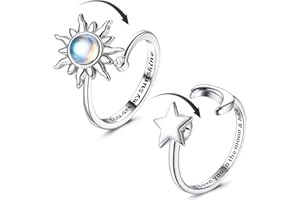 Adramata 2Pcs Plata Anillos Mujer para Ansiedad Girasol Anillo para Inquietos Anillo Ansiedad Piedra Lunar Anillo antiestrés Anillos Giratorios Abiertos Ajustables para Mujeres con Ansiedad