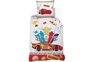 SAHINLER CRÉATEUR D'UNIVERS Disney - Funda nórdica Cars Disney 140 x 200 cm + 1 funda de almohada de 63 x 63 cm, 100% algodón, color blanco y rojo