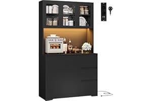 ‎FIRFURD FirFurd Küchenschrank Buffetschrank mit LED Sideboard für Küche mit Steckdosenleiste Küchenschrank mit Arbeitsplatte und 3 Schubladen Küchenbuffet mit Verstellbares Regal 180x100x38.5 cm (schwarz)