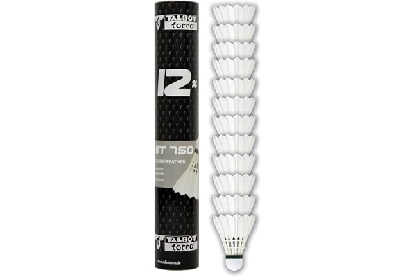 Talbot Torro Volants de Badminton Hit 750, Plumes Naturelles Blanches, Tube de 12, Vitesse 77 - Lent