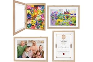 Sleeleece Bilderrahmen Kinderzeichnungen A4 für 50~150 bilder,Kinder Kunstrahmen Frontöffnung Aufklappbar,Ideal für Kinderzeichnungen, Kunstwerken, Schule, Familie(4 Stück, Holzfarbe)
