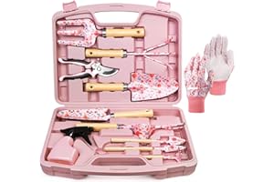 Grenebo 12-teiliges Gartenwerkzeug Set für Frauen, rostfreie & strapazierfähige Gartengeräte mit robustem Transportbehälter, modische & durchdachte Garten Geschenke für Frauen (Rosa)