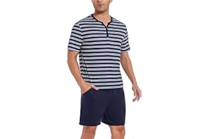 Uniexcosm Pijama Hombre Corto Verano Raya Conjunto de Pijama Hombre Pijamas 2 Piezas Hombre de Cuello en V Ropa De Dormir Conjunto Camisa Manga Corta Pantalon Cortos