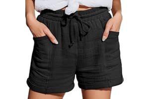 Zhiaek Muslin Shorts Women's Summer Cotton Linen Wide Shorts with Pockets Casual Fabric Trousers with Drawstring Linen Trousers