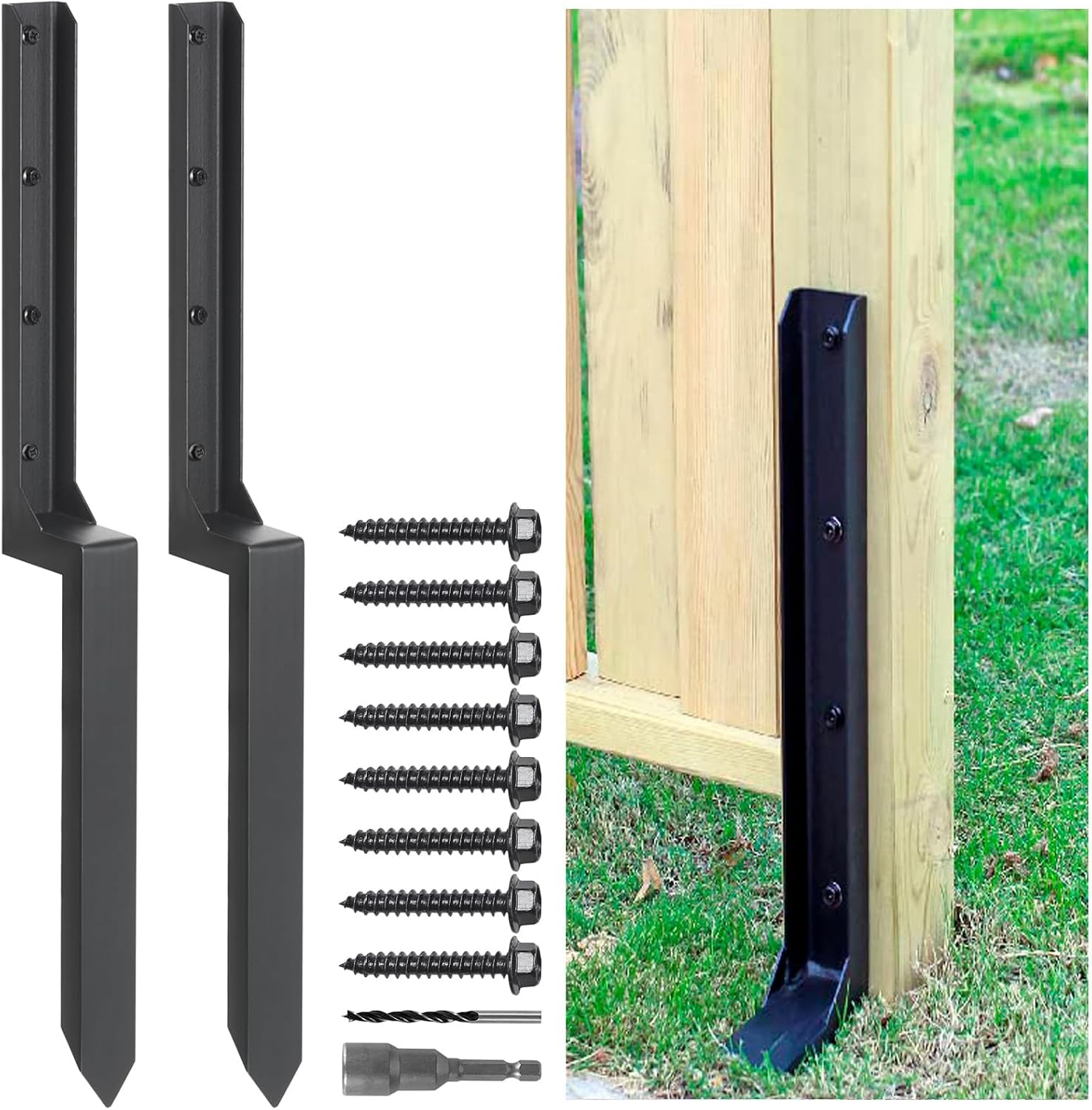 Anmas Power Heavy Duty Steel Fence Post Repair Stakes - 2 Pack Ground Spike for Tilted/Broken Wood Fence Post