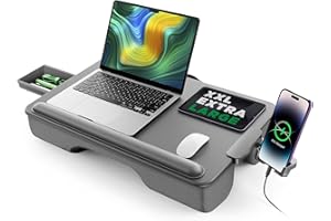 SAIJI taca na laptopa, stolik na laptopa, antypoślizgowa, skórzana, duża taca na kolana 54 x 33 cm, z szufladą, miękka podpórka pod nadgarstek, uchwyt na telefon, wygodna poduszka, pasuje do 17 cali