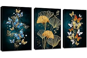 FAJERMINART 3 Pièces Tableau Décoration Murale Salon, Bleu marine Or Ginkgo Feuille Papillon Impression sur Toile Image Peintures sur Toile Décoration Murale pour Chambre Maison Bain prêt à accrocher 30x40cmx3