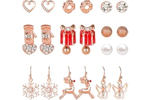 MAOZHOU Christmas Earrings Studs Set,12 Pairs Xmas Style Ear accessories for Women / Girls,Snowflake Reindeer Heart Gift Pearl Rhinestone Stud Earrings