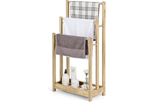 COSTWAY Freestanding Towel Rack, Solid Wood Towel Holder Drying Stand with 3 Towel Rails and Storage Shelf, Bathroom Accessory Organizer for Bath & Hand Towels, 45x22x86cm (Pine Wood, Natural)