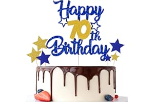 Gidobo 70th Birthday Cake Toppers, Blue Gold Glittery Cake Decorations with Stars, Seventy Years Old Birthday Party Supplies for Men and Women