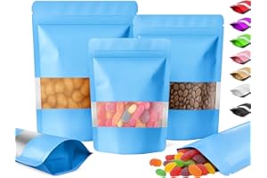Plaphy 100 Bolsas Zip Doypack Herméticas con Ventana, Stand Up Pouch de Colores, Bolsas Mylar de Aluminio de Pie con Cierre Resellables para Empaque y Almacenamiento de Alimentos (Azul, 10 x 15 cm)