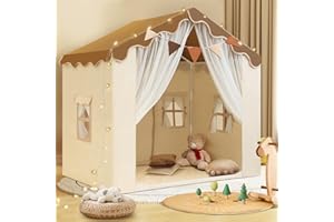 WIRHAO 2 IN 1 Kinderzelt, Kinder Spielhaus Indoor mit Matte und Lichtern, Kinder Bettzelt,Spielzelt für Drinnen,Prinzessin Zelt, Kinderspielhaus, Kuschelecke Kinderzimmer Dekor ab 3 Jahre braun
