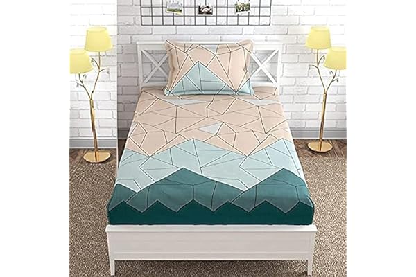 KAWI Elastic Fitted BEDSHEET for Single Bed 6X4 FEET Bed Size (L-72XW-48XH-6 INCH Bed) Super Soft Glace Cotton Fabric with 1 Pillow Cover- 250 TC, Pastel Green Geometrical Print