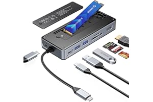 ORICO 8 w 1 stacja dokująca USB C z obudową M.2 SSD, hub USB C z M.2 NVMe/SATA SSD, 10Gbps, 4K@60Hz HDMI, 100W PD, czytnikiem kart SD/TF, kabel 15 cm - OM28P