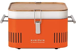Everdure Cube Portable Charcoal Grill, Tabletop BBQ, Perfect Tailgate, Beach, Patio, or Camping Grill, Lightweight & Compact Small Grill with Preparation Board & Food Storage Tray, Orange