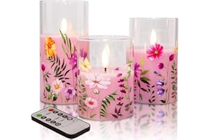 Eywamage Pink Floral Glass Flameless Candles with Remote, Flickering Battery Operated LED Pillar Candles Set of 3