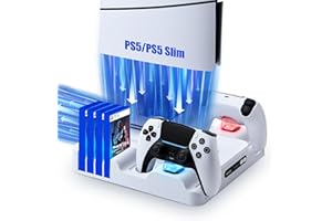 LYtech PS5 Slim Ladestation Ständer mit Lüfter Playstation 5 Slim Ständer Zubehör für PS5 Slim Disc & Digital PS5 Slim Standfuß mit 3-Stufig Lüfter Dual Controller Ladestation 8 Spiele Aufbewahrung