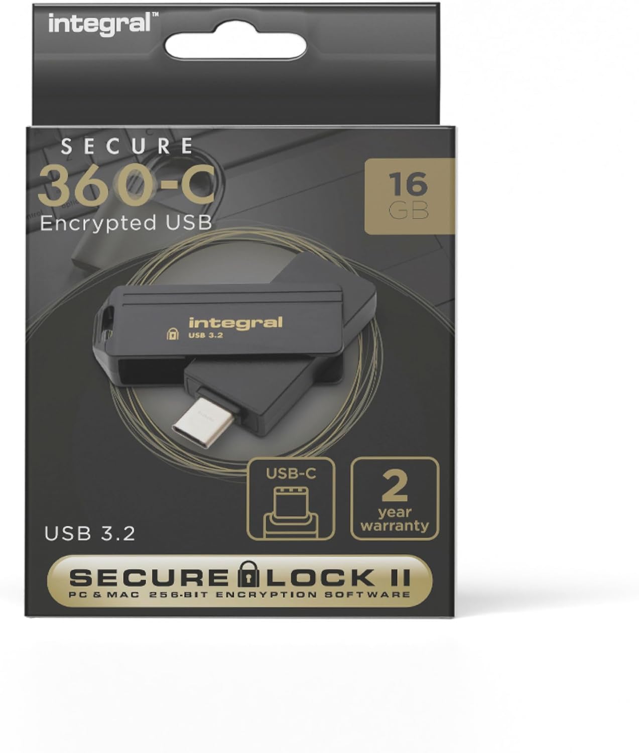 Integral Secure 360-C 16GB Software Encrypted USB Flash Drive - USB-C Connector - 256-bit AES encryption - Compatible with Mac, MacBook, PC, laptop