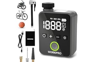 WORKPRO Akumulatorowa sprężarka 140 psi, przenośna, elektryczna mini pompka powietrza z wyświetlaczem LED i światłem, do ponownego ładowania, do roweru, samochodu, motocykla i piłki