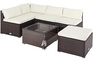 Casaria® Gartenmöbel Lounge Set Wetterfest 5 Personen Polyrattan Sicherheitsglas Tisch Outdoor Sitzkissen Terrassenmöbel Eck Sofa Braun Creme