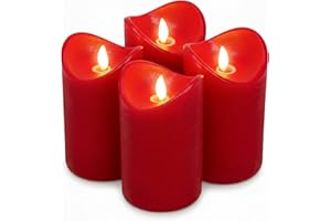 ‎TOCI ToCi 4 x LED Kerzen Hellrot 7,5 x 10 cm – Echtwachskerzen flammenlos mit beweglicher Flamme & Timer - Stumpenkerzen mit LED-Licht für Advent, Deko, Grablicht, Innenbereich