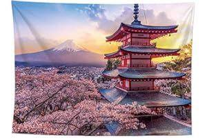 izielad Tapisserie Japonaise tenture Murale tapisseries pagode du Japon MT Fuji au Printemps Fleurs de Cerisier Art Tapisserie pour dortoir Chambre Salon décoration de la Maison 73X95CM 28.7X37.4IN