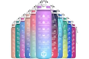 WHIPY 1L Water Bottle with Straw - Leak-Proof & BPA Free Reusable Sports Bottle - Motivational Time Markings for Hydration Durable Drink Bottle for Gym, Sports, Outdoor, Cycling (Purple & Blue)