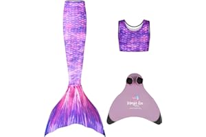 Planet Mermaid Girls Kids 3 Piece Vivid Colour Swimming Mermaid Tail, Crop Top & Wear-Resistant Magic Fin Monofin (Included)