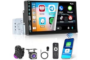Ohradio Radio Coche 1 DIN con Pantalla de 7 Pulgadas - CarPlay Inalámbrico Android Auto Inalámbrico, Autoradio Bluetooth 1 DIN con Radio FM 2 USB Enlace Espejo+Cámara Trasera+Mic+Mando a Distancia