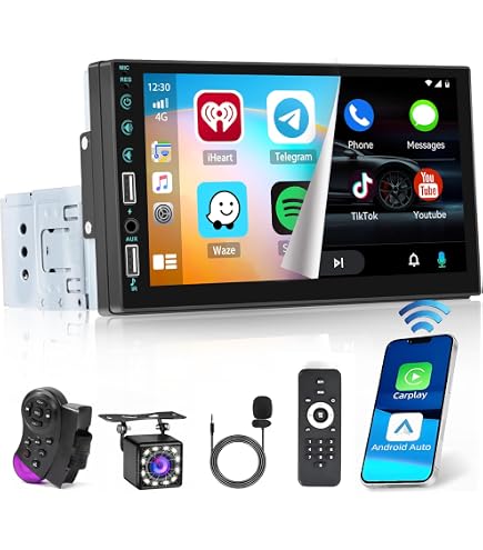 Hikity Autoradio 1 DIN 7 Pollici Con Wireless CarPlay E Android Auto | Bluetooth, FM, Mirror Link, Telecamera Posteriore E Controllo Al Volante