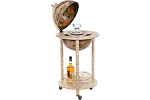 BIRENDY Ogromny wózek barowy 33001 W, z masywnymi kolumnami z drewna eukaliptusowego, w kolorze antycznej bieli, po otwarciu 100 cm wysokości i szerokości 44 cm, z kółkami, antyczny globus, stół barowy, bar